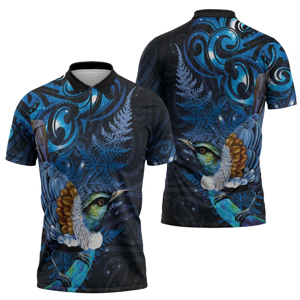 Aotearoa Matariki Zipper Polo Shirt Maori Tribal with Silver Fern and Tui Bird Galaxy Style - Aussie Hoodie