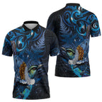 Aotearoa Matariki Zipper Polo Shirt Maori Tribal with Silver Fern and Tui Bird Galaxy Style - Aussie Hoodie