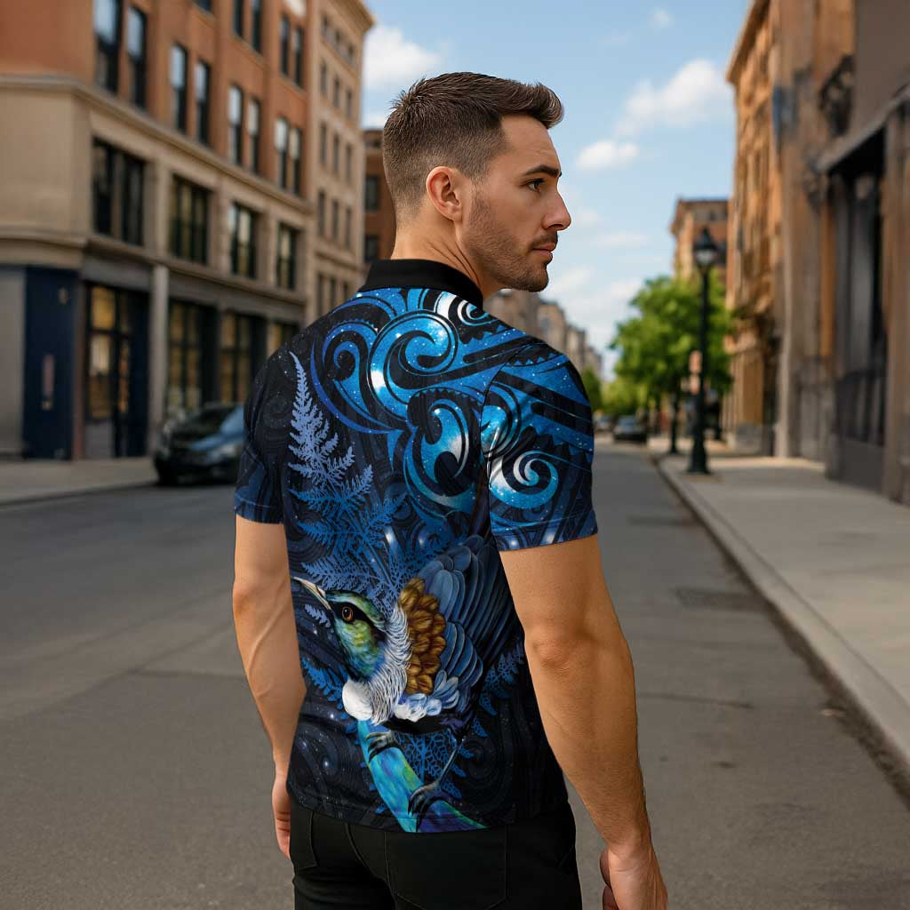 Aotearoa Matariki Zipper Polo Shirt Maori Tribal with Silver Fern and Tui Bird Galaxy Style - Aussie Hoodie