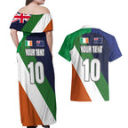 Custom Ireland and Australia Couples Matching Off Shoulder Maxi Dress and Hawaiian Shirt Shamrocks and Aboriginal Art
