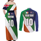 Custom Ireland and Australia Couples Matching Off Shoulder Maxi Dress and Long Sleeve Button Shirt Shamrocks and Aboriginal Art