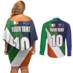 Custom Ireland and Australia Couples Matching Off Shoulder Short Dress and Long Sleeve Button Shirt Shamrocks and Aboriginal Art