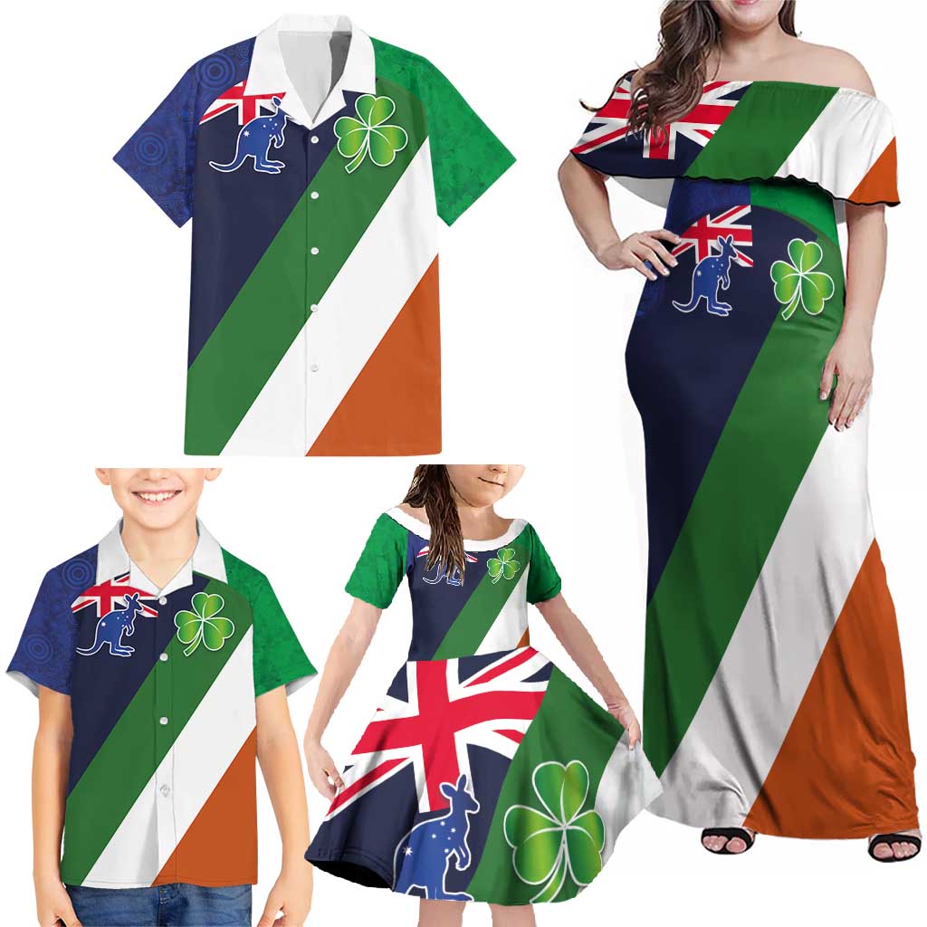 Custom Ireland and Australia Family Matching Off Shoulder Maxi Dress and Hawaiian Shirt Shamrocks and Aboriginal Art