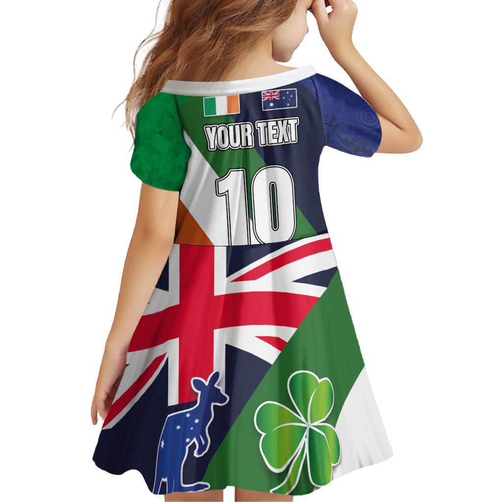 Custom Ireland and Australia Family Matching Off Shoulder Short Dress and Hawaiian Shirt Shamrocks and Aboriginal Art