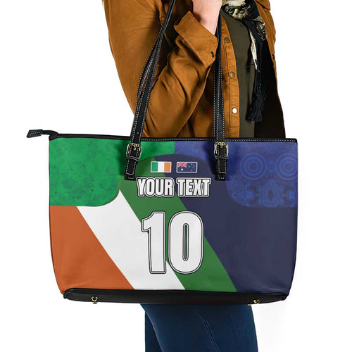 Custom Ireland and Australia Leather Tote Bag Shamrocks and Aboriginal Art