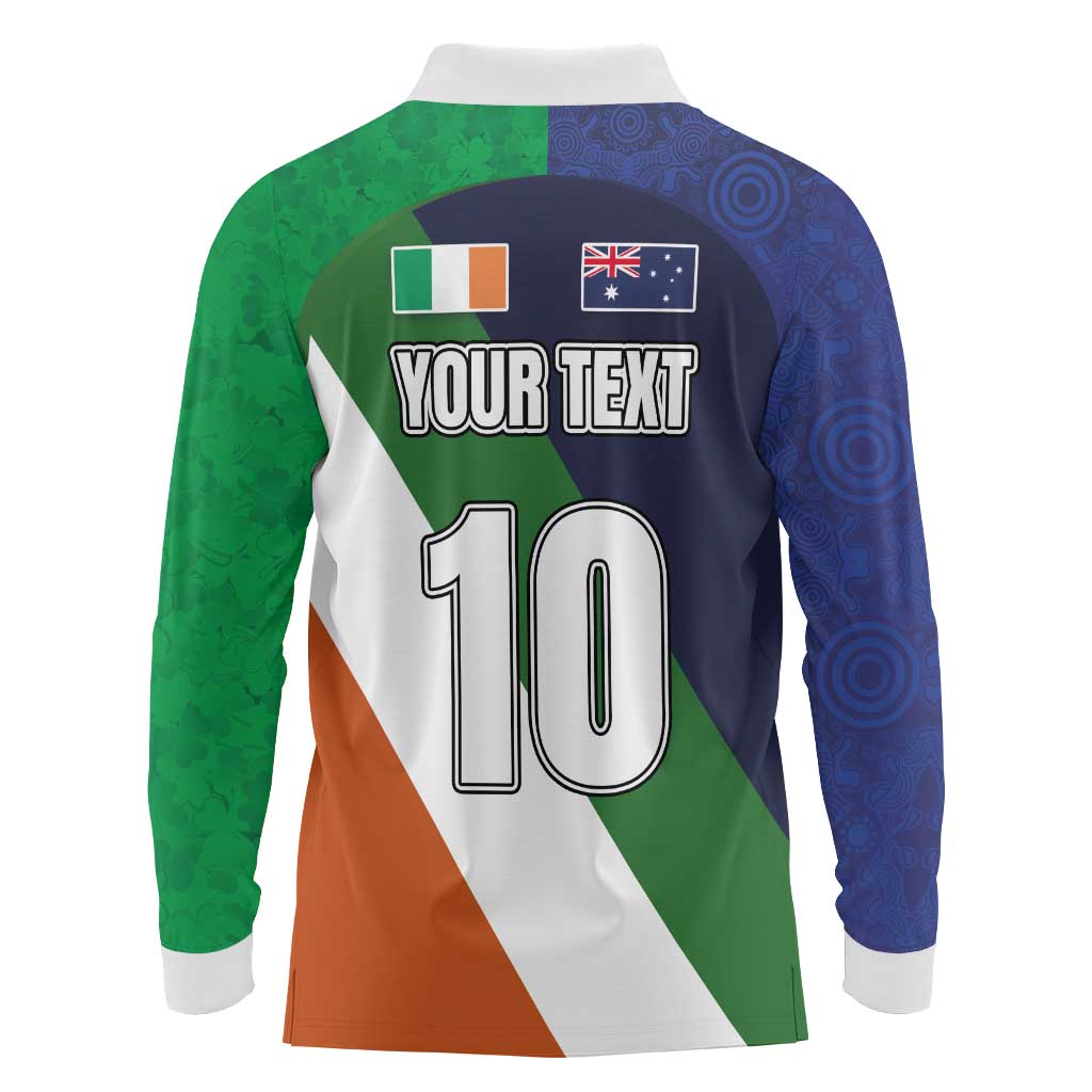 Custom Ireland and Australia Long Sleeve Polo Shirt Shamrocks and Aboriginal Art