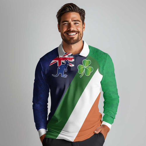 Custom Ireland and Australia Long Sleeve Polo Shirt Shamrocks and Aboriginal Art