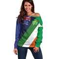 Custom Ireland and Australia Off Shoulder Sweater Shamrocks and Aboriginal Art