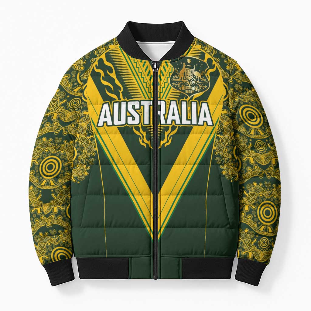 Australia Rugby Custom Bomber Puffer Jacket Aboriginal Art Sporty Style - Aussie Hoodie