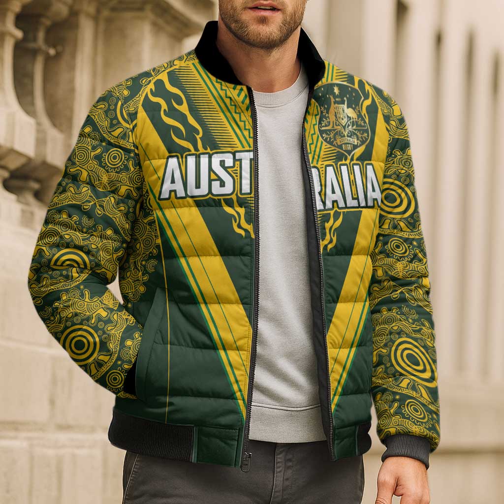 Australia Rugby Custom Bomber Puffer Jacket Aboriginal Art Sporty Style - Aussie Hoodie
