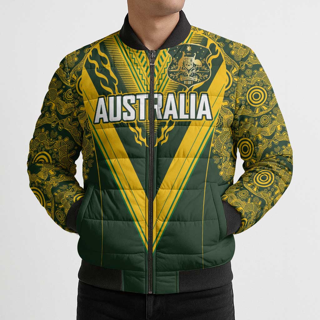 Australia Rugby Custom Bomber Puffer Jacket Aboriginal Art Sporty Style - Aussie Hoodie