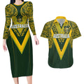 Australia Rugby Custom Couples Matching Long Sleeve Bodycon Dress and Hawaiian Shirt Aboriginal Art Sporty Style - Aussie Hoodie