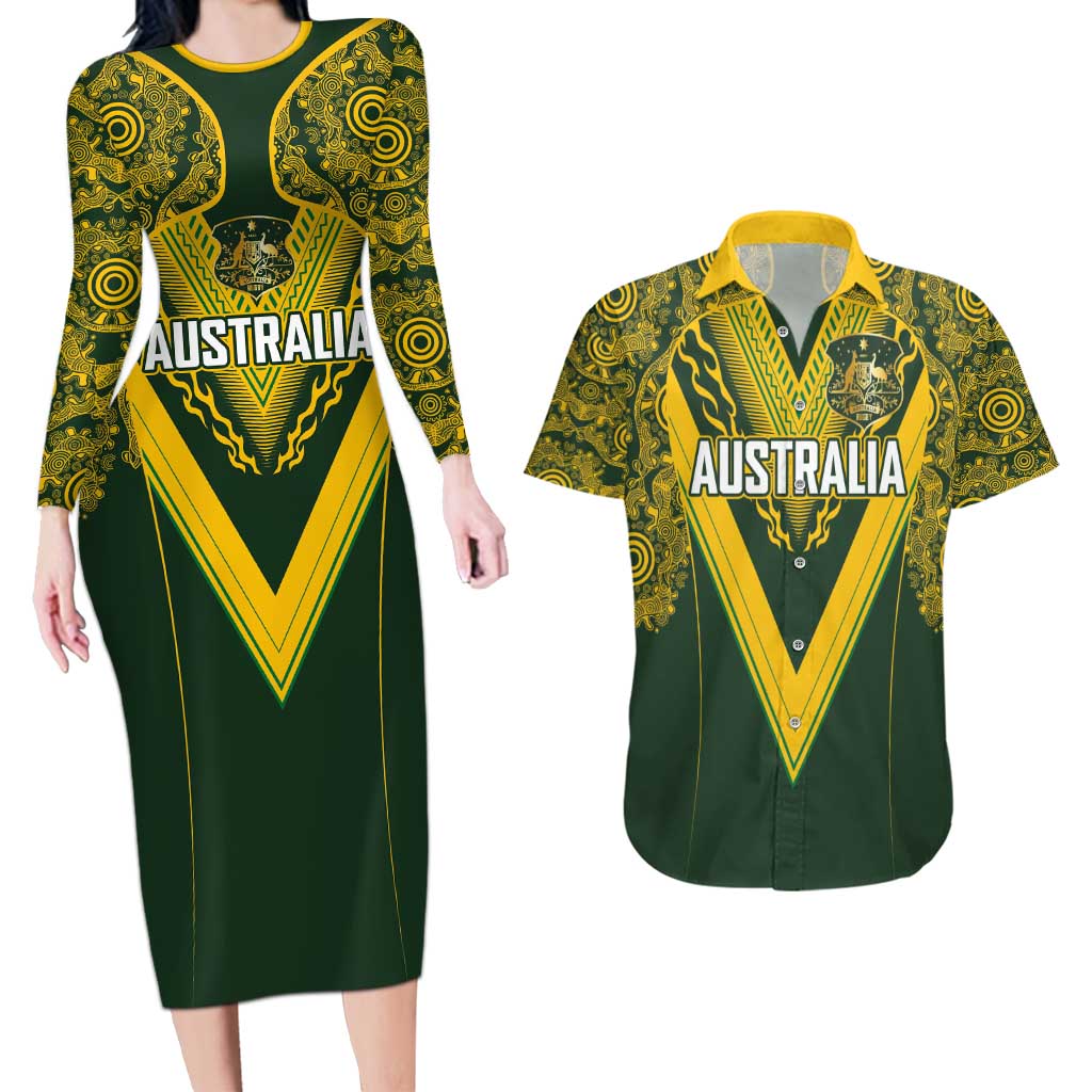 Australia Rugby Custom Couples Matching Long Sleeve Bodycon Dress and Hawaiian Shirt Aboriginal Art Sporty Style - Aussie Hoodie