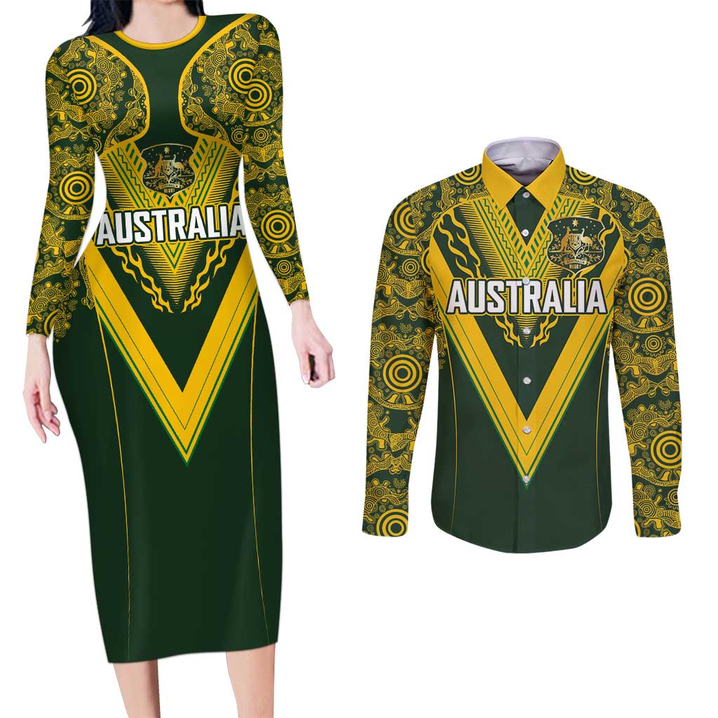 Australia Rugby Custom Couples Matching Long Sleeve Bodycon Dress and Long Sleeve Button Shirt Aboriginal Art Sporty Style - Aussie Hoodie