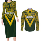 Australia Rugby Custom Couples Matching Long Sleeve Bodycon Dress and Long Sleeve Button Shirt Aboriginal Art Sporty Style - Aussie Hoodie