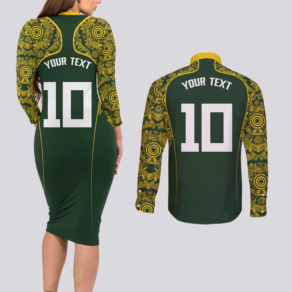 Australia Rugby Custom Couples Matching Long Sleeve Bodycon Dress and Long Sleeve Button Shirt Aboriginal Art Sporty Style - Aussie Hoodie
