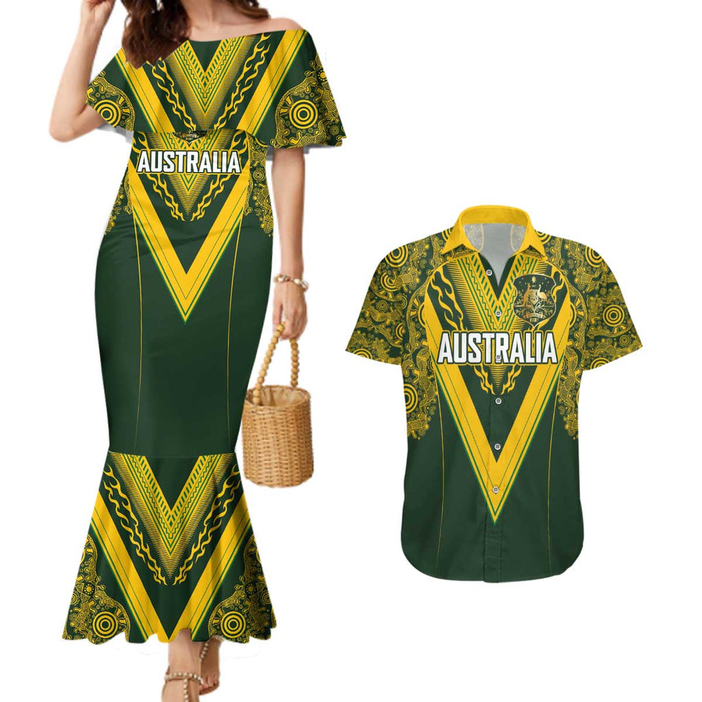 Australia Rugby Custom Couples Matching Mermaid Dress and Hawaiian Shirt Aboriginal Art Sporty Style - Aussie Hoodie
