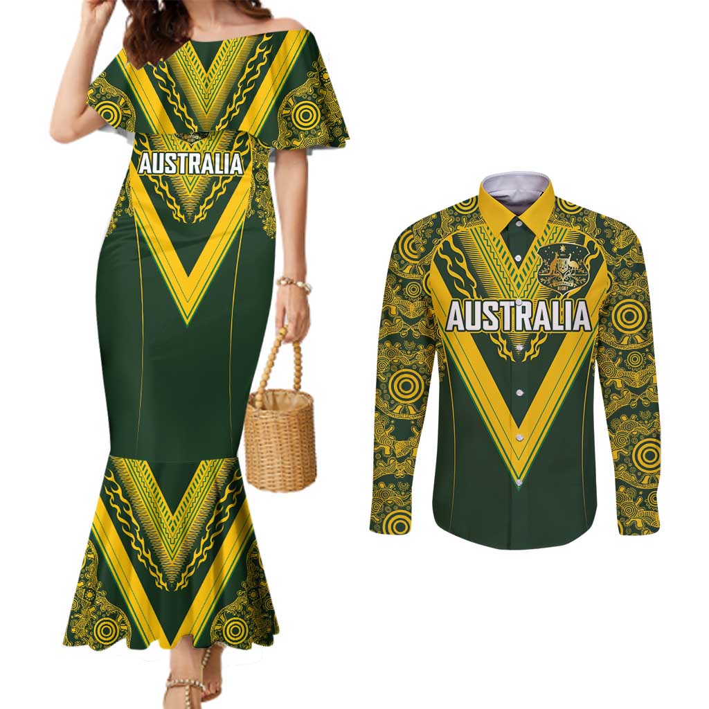 Australia Rugby Custom Couples Matching Mermaid Dress and Long Sleeve Button Shirt Aboriginal Art Sporty Style - Aussie Hoodie