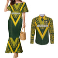 Australia Rugby Custom Couples Matching Mermaid Dress and Long Sleeve Button Shirt Aboriginal Art Sporty Style - Aussie Hoodie