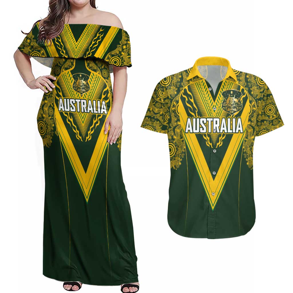 Australia Rugby Custom Couples Matching Off Shoulder Maxi Dress and Hawaiian Shirt Aboriginal Art Sporty Style - Aussie Hoodie