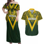 Australia Rugby Custom Couples Matching Off Shoulder Maxi Dress and Hawaiian Shirt Aboriginal Art Sporty Style - Aussie Hoodie