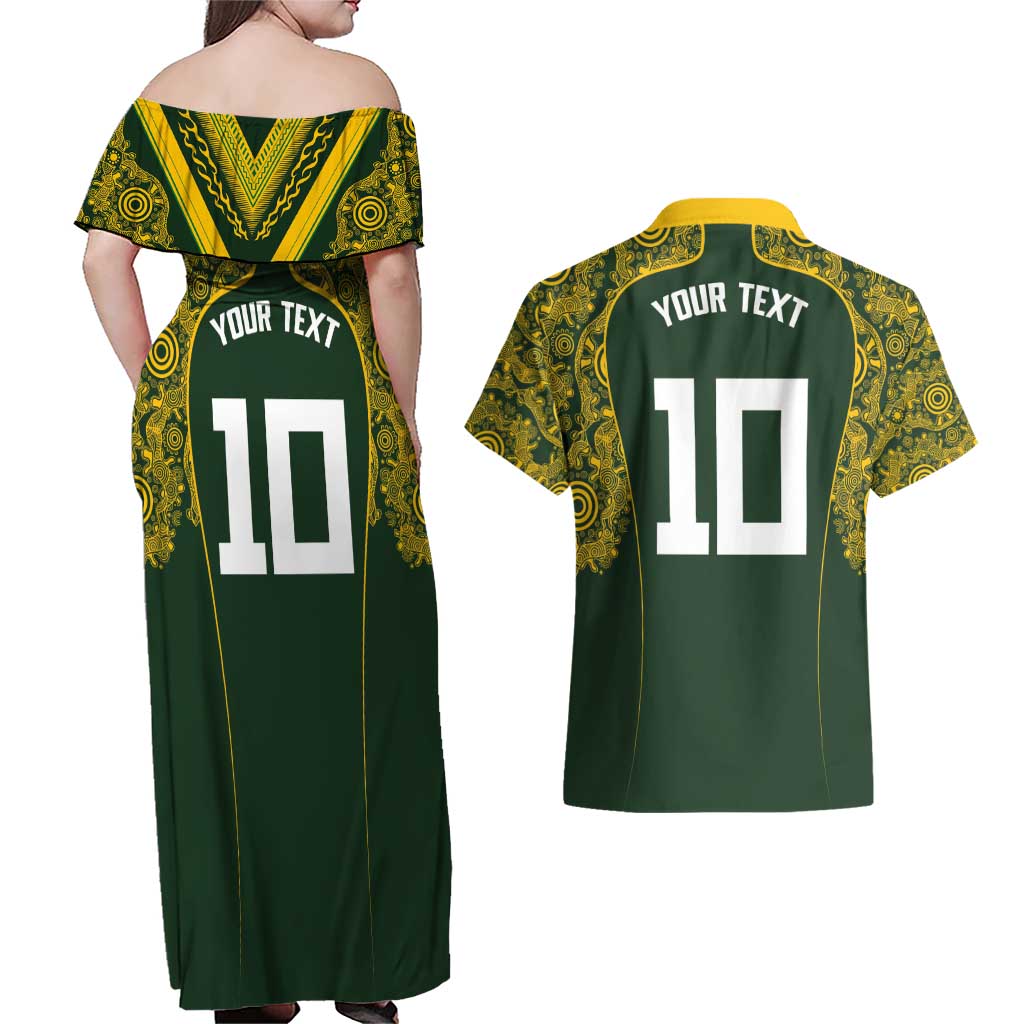 Australia Rugby Custom Couples Matching Off Shoulder Maxi Dress and Hawaiian Shirt Aboriginal Art Sporty Style - Aussie Hoodie