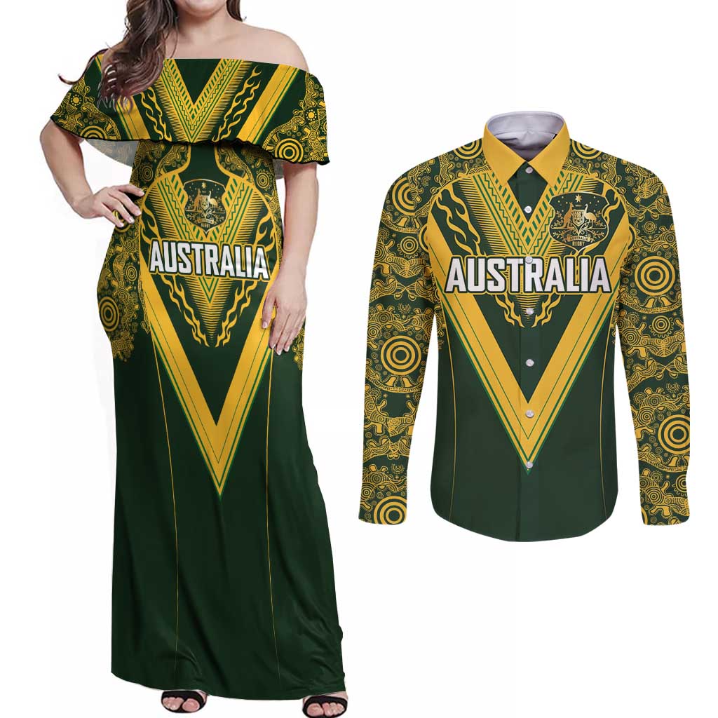 Australia Rugby Custom Couples Matching Off Shoulder Maxi Dress and Long Sleeve Button Shirt Aboriginal Art Sporty Style - Aussie Hoodie