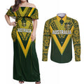 Australia Rugby Custom Couples Matching Off Shoulder Maxi Dress and Long Sleeve Button Shirt Aboriginal Art Sporty Style - Aussie Hoodie