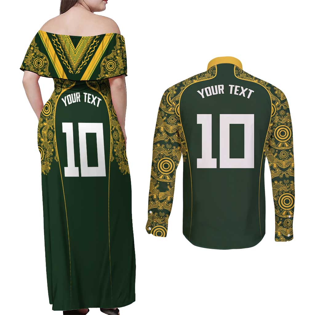 Australia Rugby Custom Couples Matching Off Shoulder Maxi Dress and Long Sleeve Button Shirt Aboriginal Art Sporty Style - Aussie Hoodie
