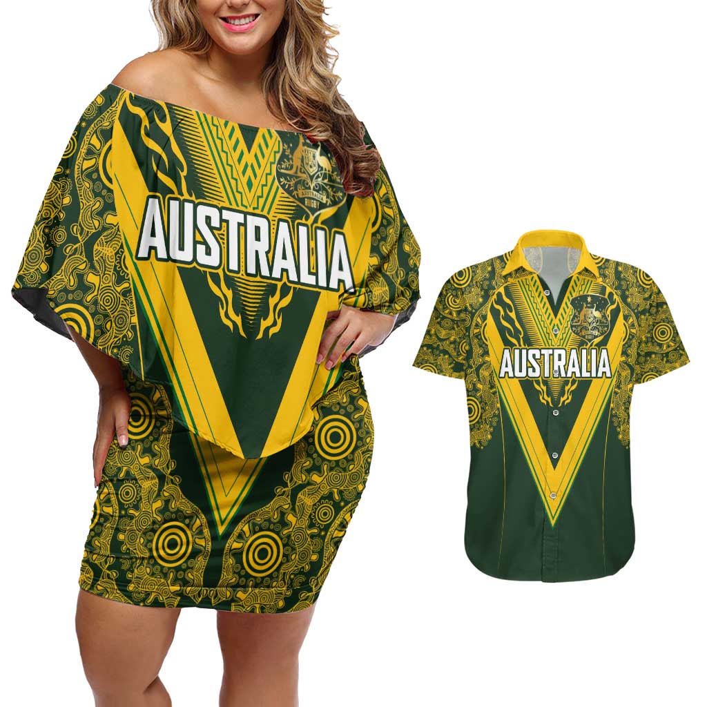 Australia Rugby Custom Couples Matching Off Shoulder Short Dress and Hawaiian Shirt Aboriginal Art Sporty Style - Aussie Hoodie