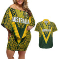 Australia Rugby Custom Couples Matching Off Shoulder Short Dress and Hawaiian Shirt Aboriginal Art Sporty Style - Aussie Hoodie