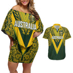 Australia Rugby Custom Couples Matching Off Shoulder Short Dress and Hawaiian Shirt Aboriginal Art Sporty Style - Aussie Hoodie