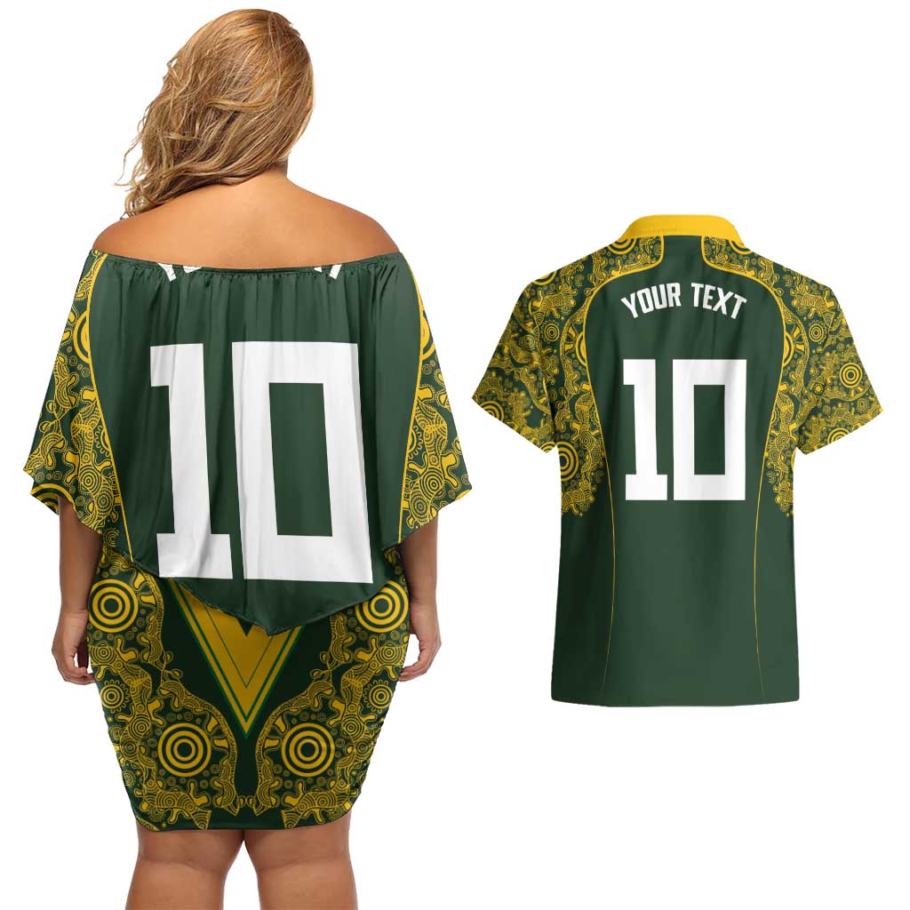 Australia Rugby Custom Couples Matching Off Shoulder Short Dress and Hawaiian Shirt Aboriginal Art Sporty Style - Aussie Hoodie