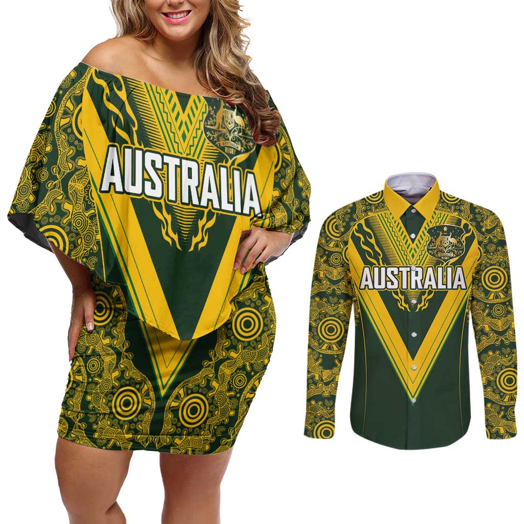 Australia Rugby Custom Couples Matching Off Shoulder Short Dress and Long Sleeve Button Shirt Aboriginal Art Sporty Style - Aussie Hoodie