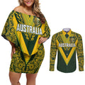 Australia Rugby Custom Couples Matching Off Shoulder Short Dress and Long Sleeve Button Shirt Aboriginal Art Sporty Style - Aussie Hoodie