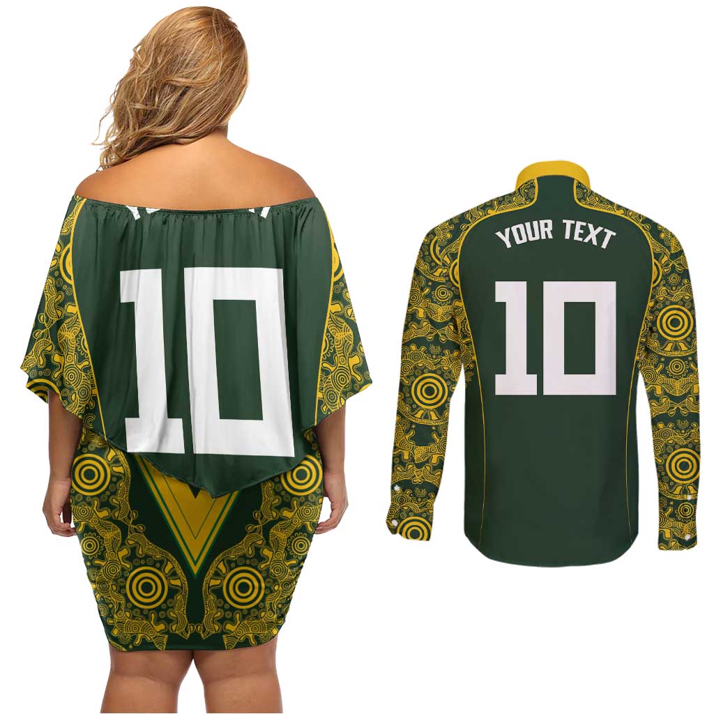 Australia Rugby Custom Couples Matching Off Shoulder Short Dress and Long Sleeve Button Shirt Aboriginal Art Sporty Style - Aussie Hoodie