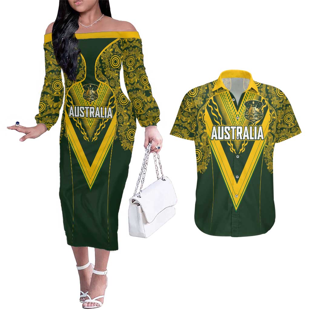 Australia Rugby Custom Couples Matching Off The Shoulder Long Sleeve Dress and Hawaiian Shirt Aboriginal Art Sporty Style - Aussie Hoodie