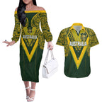Australia Rugby Custom Couples Matching Off The Shoulder Long Sleeve Dress and Hawaiian Shirt Aboriginal Art Sporty Style - Aussie Hoodie