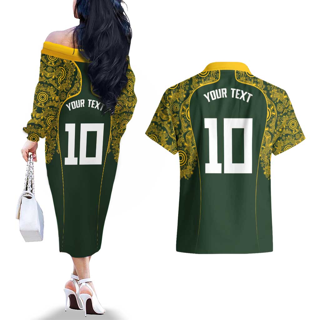 Australia Rugby Custom Couples Matching Off The Shoulder Long Sleeve Dress and Hawaiian Shirt Aboriginal Art Sporty Style - Aussie Hoodie