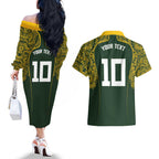 Australia Rugby Custom Couples Matching Off The Shoulder Long Sleeve Dress and Hawaiian Shirt Aboriginal Art Sporty Style - Aussie Hoodie