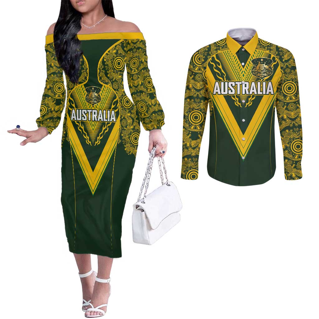 Australia Rugby Custom Couples Matching Off The Shoulder Long Sleeve Dress and Long Sleeve Button Shirt Aboriginal Art Sporty Style - Aussie Hoodie