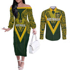Australia Rugby Custom Couples Matching Off The Shoulder Long Sleeve Dress and Long Sleeve Button Shirt Aboriginal Art Sporty Style - Aussie Hoodie