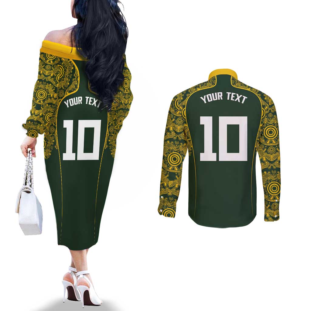 Australia Rugby Custom Couples Matching Off The Shoulder Long Sleeve Dress and Long Sleeve Button Shirt Aboriginal Art Sporty Style - Aussie Hoodie