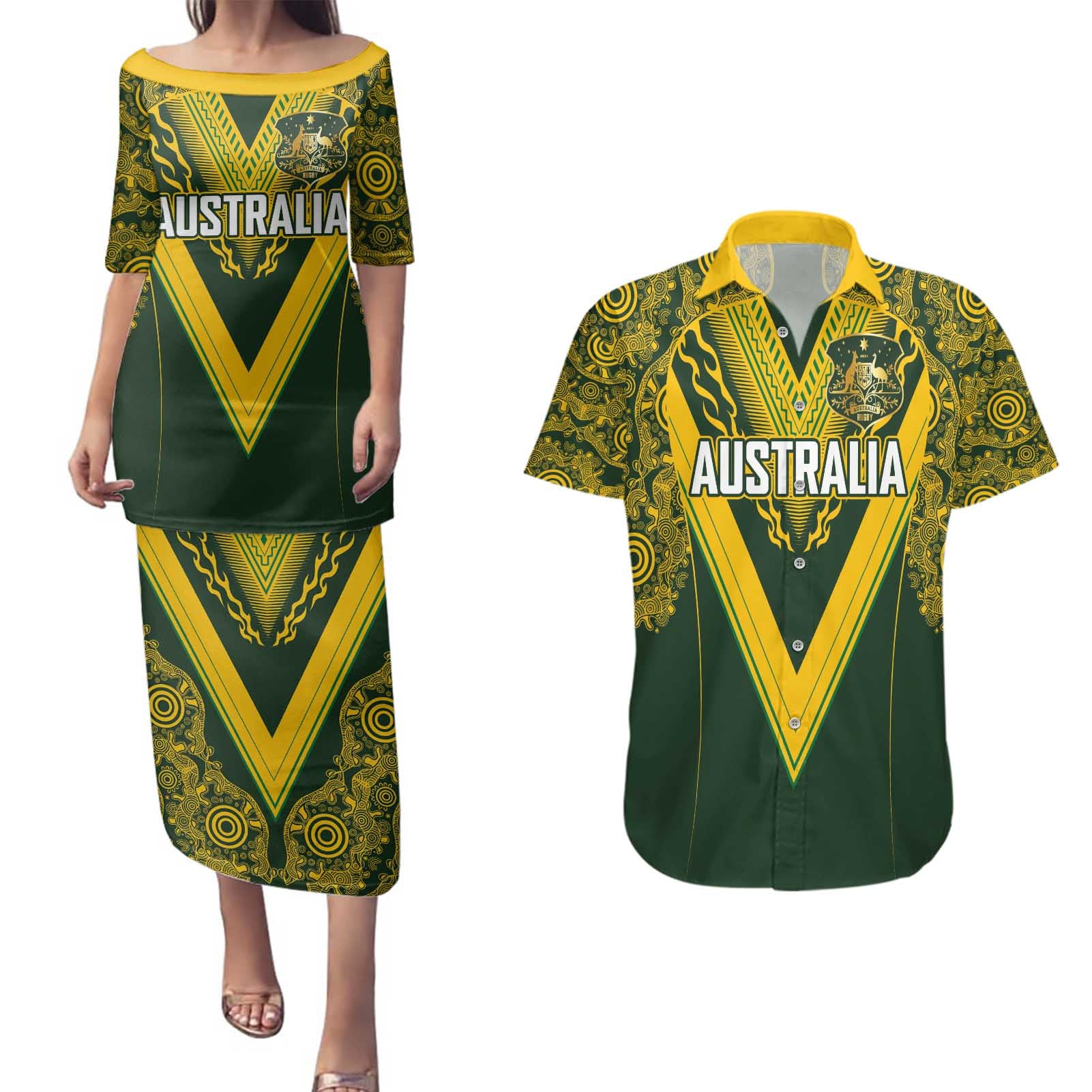 Australia Rugby Custom Couples Matching Puletasi and Hawaiian Shirt Aboriginal Art Sporty Style - Aussie Hoodie