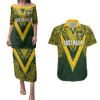 Australia Rugby Custom Couples Matching Puletasi and Hawaiian Shirt Aboriginal Art Sporty Style - Aussie Hoodie
