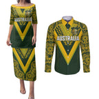 Australia Rugby Custom Couples Matching Puletasi and Long Sleeve Button Shirt Aboriginal Art Sporty Style - Aussie Hoodie