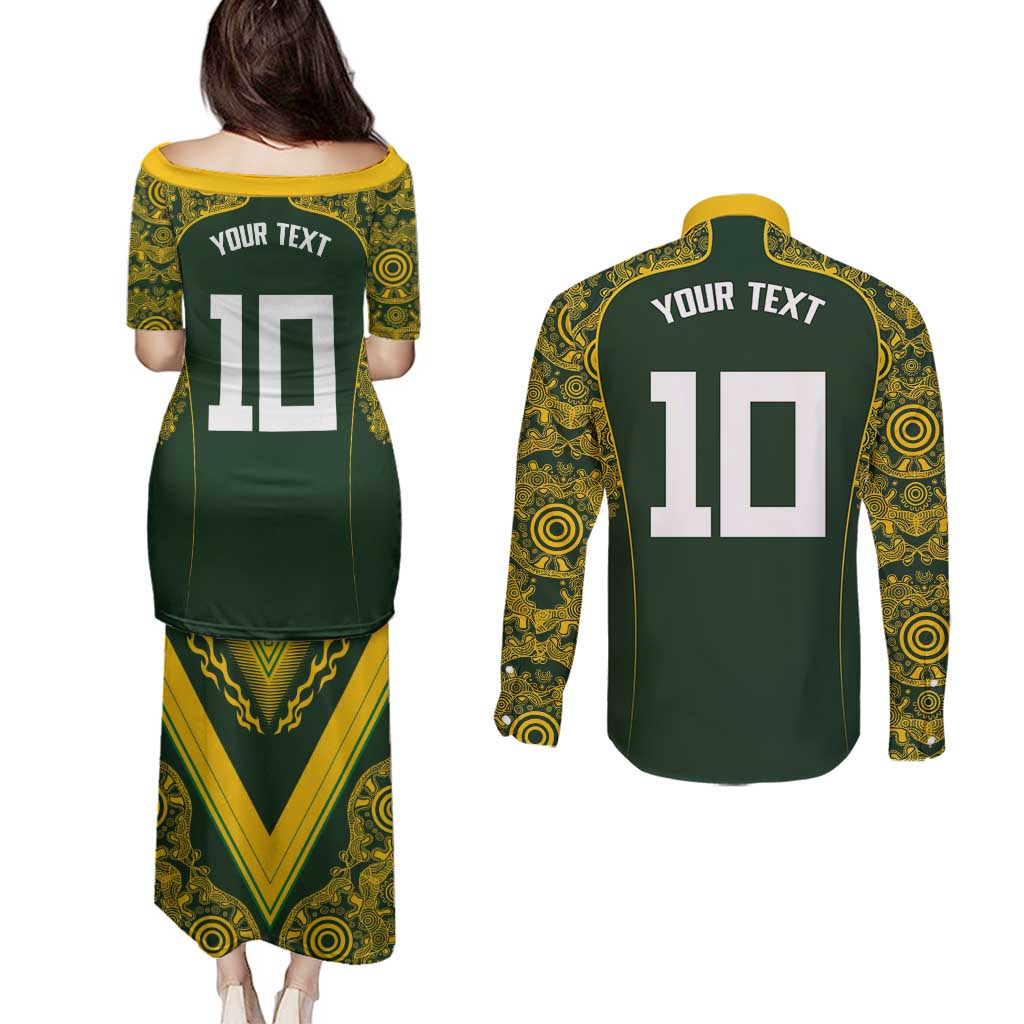 Australia Rugby Custom Couples Matching Puletasi and Long Sleeve Button Shirt Aboriginal Art Sporty Style - Aussie Hoodie