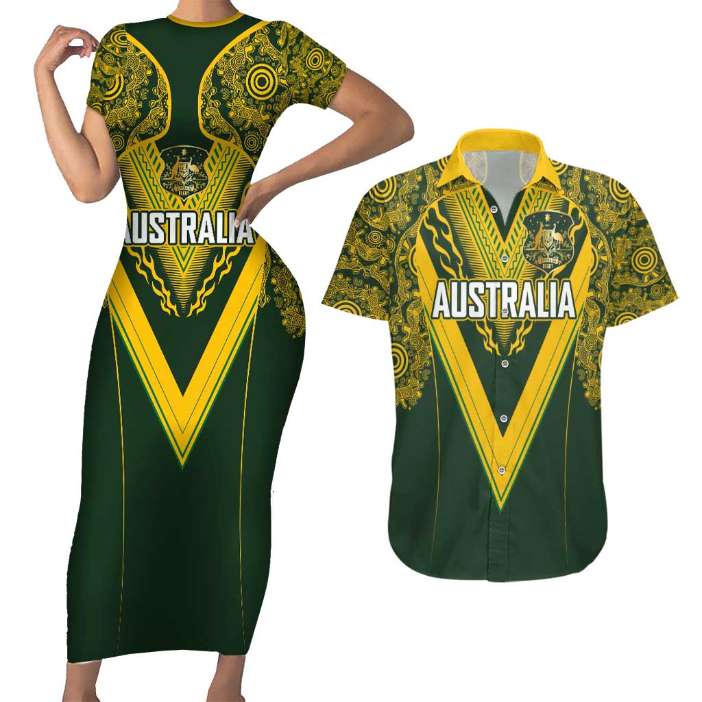 Australia Rugby Custom Couples Matching Short Sleeve Bodycon Dress and Hawaiian Shirt Aboriginal Art Sporty Style - Aussie Hoodie
