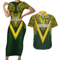 Australia Rugby Custom Couples Matching Short Sleeve Bodycon Dress and Hawaiian Shirt Aboriginal Art Sporty Style - Aussie Hoodie