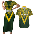 Australia Rugby Custom Couples Matching Short Sleeve Bodycon Dress and Hawaiian Shirt Aboriginal Art Sporty Style - Aussie Hoodie